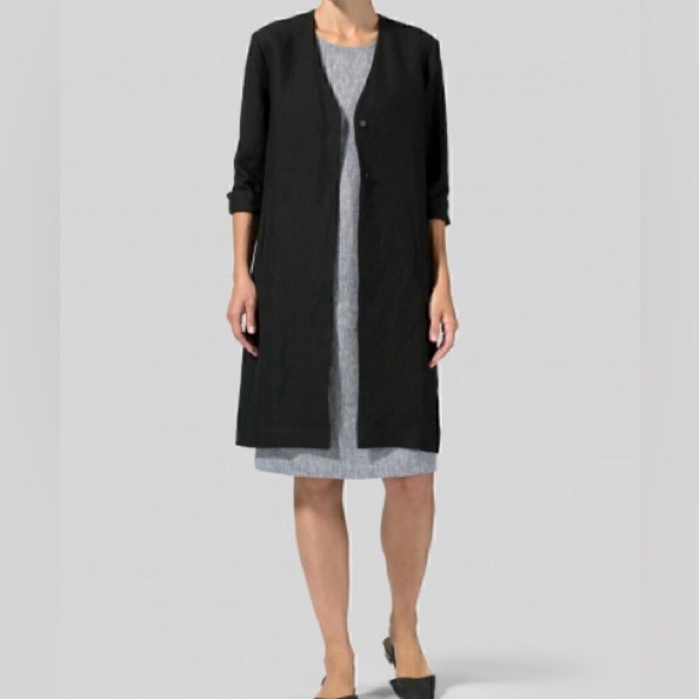 Vivid Linen Straight Fit Button Front Long Jacket - Picture 8 of 9
